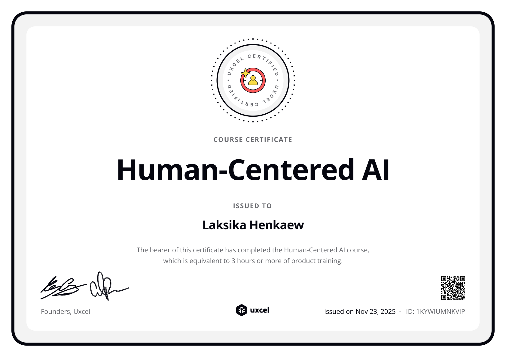 Laksika Henkaew's certificate